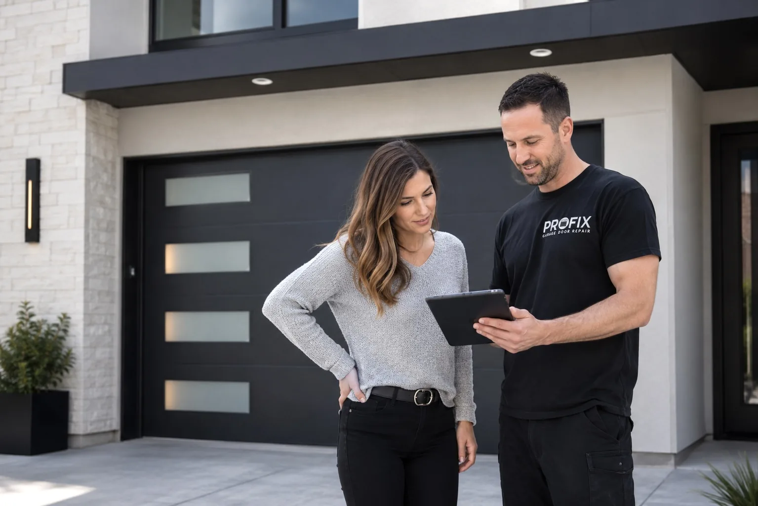 Profix Garage Door technician consulting with a homeowner outside a modern GTA garage