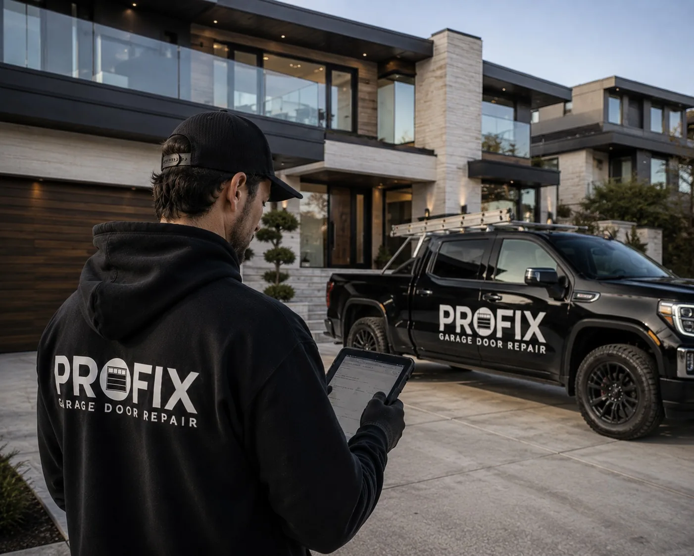 Profix Garage Door technician with service truck outside a modern home in the GTA